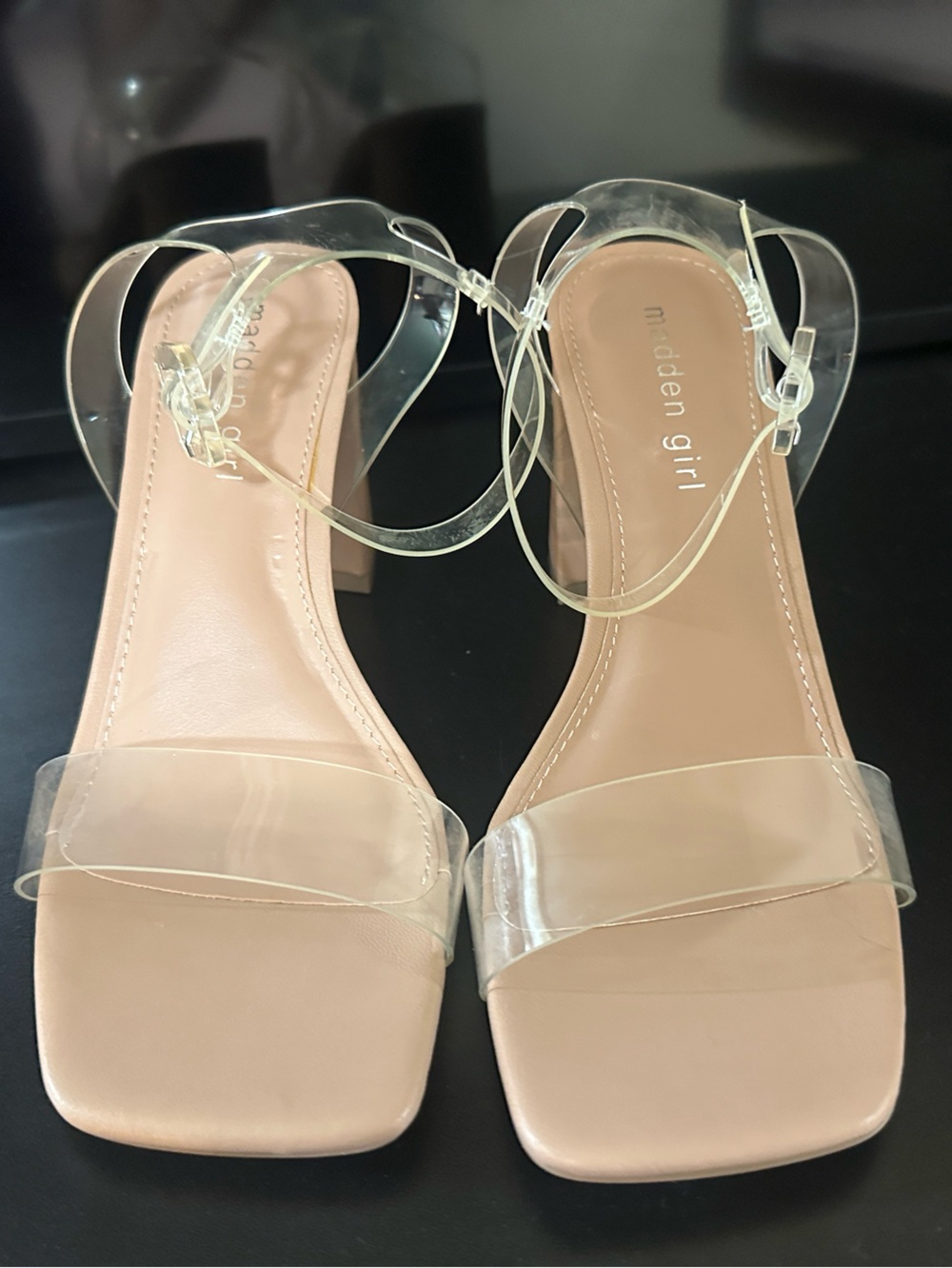 Madden Girl Nude Block Heel Sandals with Clear Straps